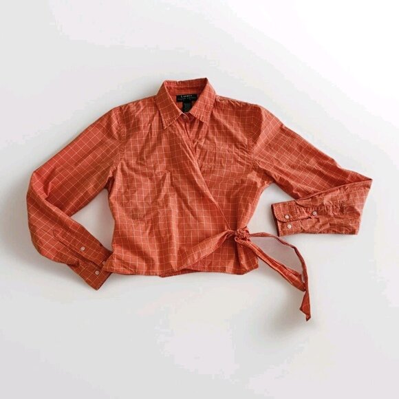 Lauren Ralph Lauren Top Womens Petite M Orange Plaid Cropped LS Tie Front Preppy - Picture 9 of 16